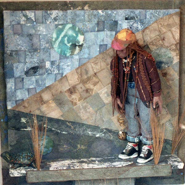 Boy with Turtle - Bisque-fired hand-painted clay, hand-painted fabrics, found objects, mixed media - 18″ x 18″ x 4″ - 1989
