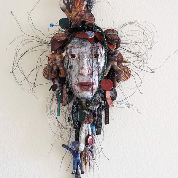 Forest Dweller Mask - Bisque-fired clay, hand-painted, wire and threads - 24″ x 18″ x 3″ - 2019
