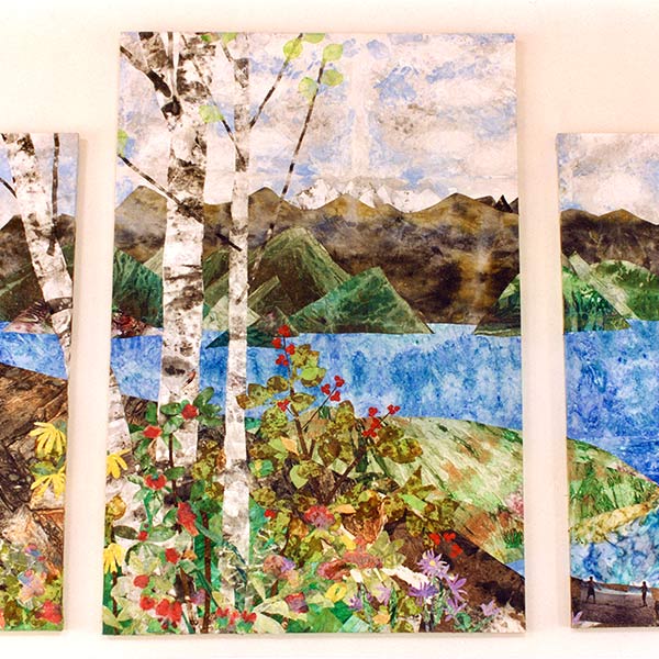 Landscape with Michael and Julia - Commissioned - Hand-painted hand-stitched silk collaged tapestry, photo transfers - 6′ x 8′ - 1997
