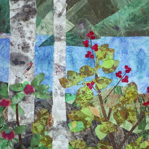 Landscape with Michael and Julia - Commissioned - Hand-painted hand-stitched silk collaged tapestry, photo transfers - detail - 1997
