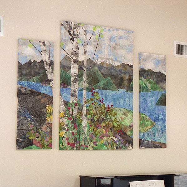 Landscape with Michael and Julia - Commissioned - Hand-painted hand-stitched silk collaged tapestry, photo transfers - 6′ x 8′ - 1997